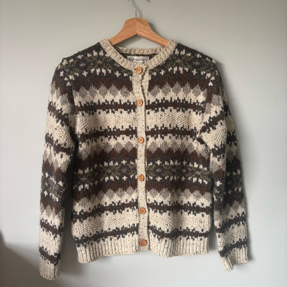 dressbarn Cream, Brown & Gray Patterned Wool Cardigan